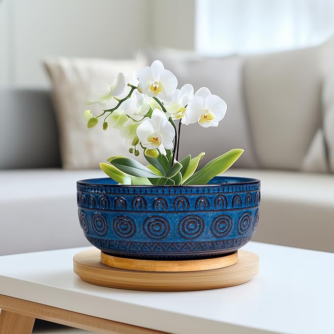 Bonsai Pots 8 Inch - Ceramic Succulent Pots for Indoor Plants, Shallow Round Planters with Drainage Hole and Saucer, Boho Bonsai Bowl, Home Decor, Blue