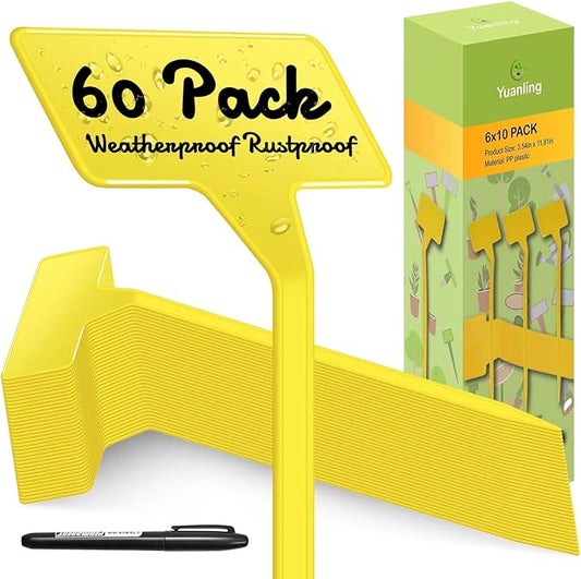Plant Labels 60 Pcs Yuanling Large 11.8 Inch Plant Markers Signs Plastic Waterproof Garden Label Stakes T-Type Plant Garden Tags with Marker Pen for Flower Herb Pot Plant (Yellow)