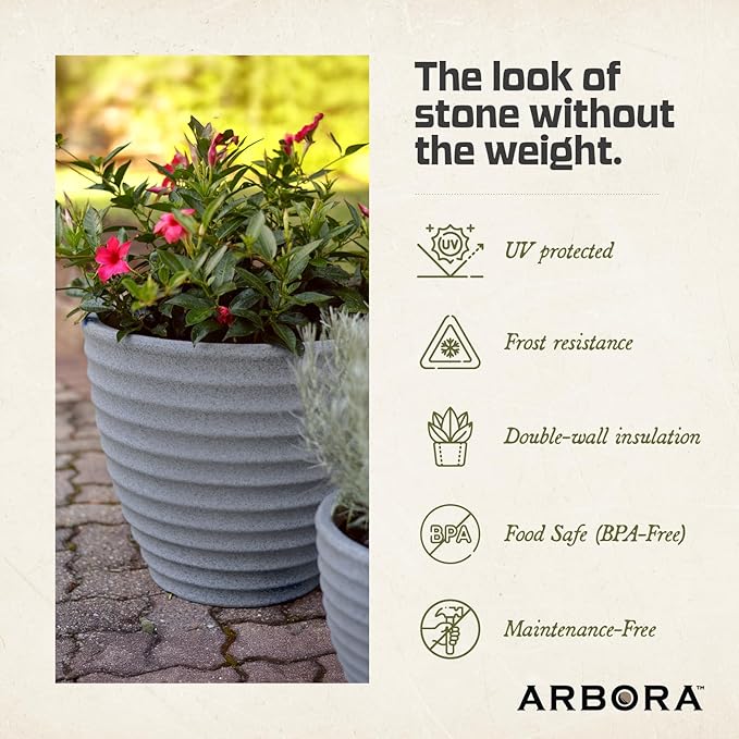ARBORA 13" Ibiza Polyresin Indoor and Outdoor Planter with Stone Blend Concrete Gray Finish - Durable, Weatherproof, Lightweight, Large Plant Pot for Patio, Garden, Deck, Entryway - 2 Pack