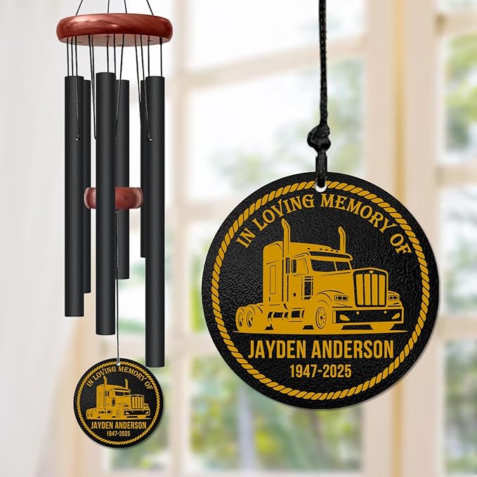 Personalized Truck Driver Memorial Wind Chime – “in Loving Memory of Trucker” Custom Name, Years – Sympathy Gift for Trucking Families – Memorial Windchimes for Loss of Loved One – Remembrance Décor