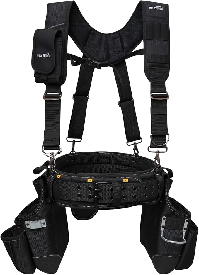 MELOTOUGH Tool Belt with Suspenders Tool Bag Supenders Framers Comb Apron Tool Belt Construction Tool Pouch Builder Heavy Duty Carpenter Suspension Rig for Electrician, Roofing,Contractor