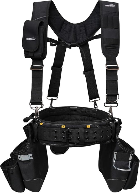 MELOTOUGH Tool Belt with Suspenders Tool Bag Supenders Framers Comb Apron Tool Belt Construction Tool Pouch Builder Heavy Duty Carpenter Suspension Rig for Electrician, Roofing,Contractor