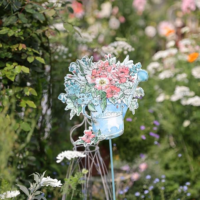 All Chic Garden Decor for Outside, 29” Decorative Garden Stakes Metal Embossed Watering Can with Flowers for Spring Decor, Yard Art Stakes for Outdoor Lawn Backyard Porch Pathway Decorations