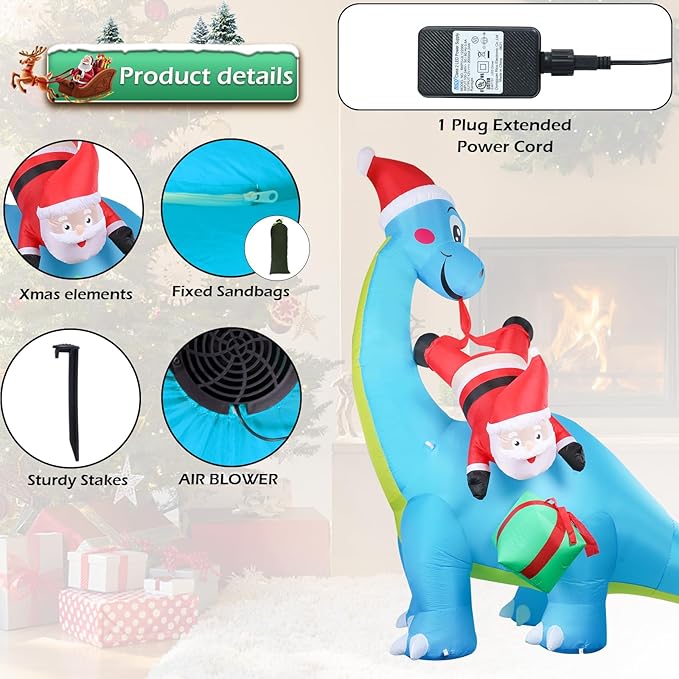 Christmas Inflatables Christmas Blow Up Yard Decorations Christmas Inflatable Dinosaur Play with Santa Clause Gift Boxes LED Lighted Up Yard Lawn Garden Home Party Decor