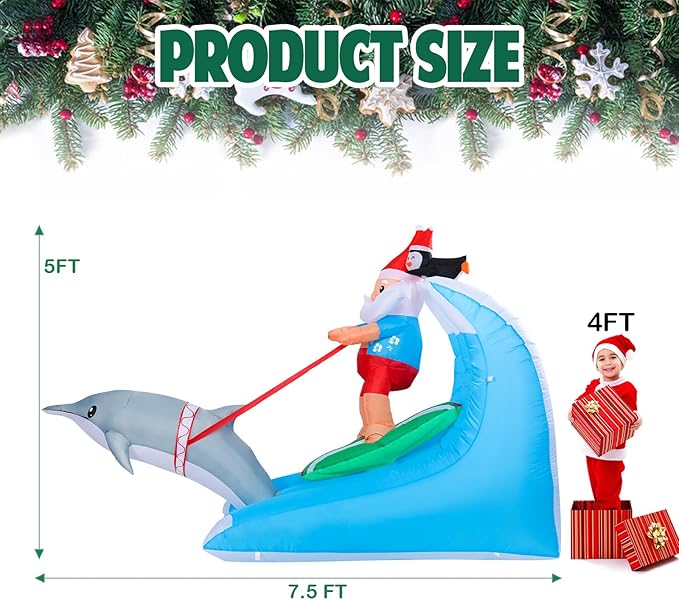 Vipush 7.5 FT Christmas Inflatable Decorations Santa Claus Surfing Christmas Decorations Outdoor Inflatable with LED Light, Outdoor Holiday Decor Blow Up Yard Decor