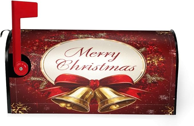 Festive Magnetic Mailbox Cover Red Christmas Bell Pattern Outdoor Mailbox Protector Holiday Seasonal Decorative Garden Yard Home Standard Size 21 x 18 Inch