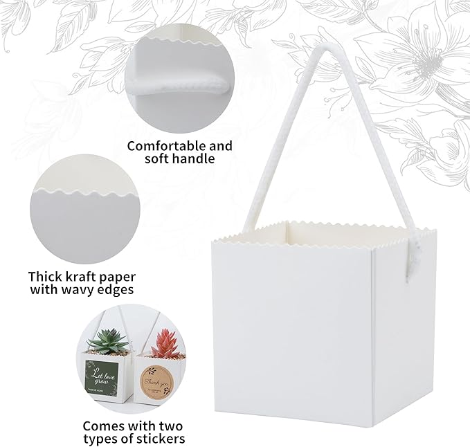 Temlum 2.5 Inch Succulent Wrap Bags (Fits 2.5″ Pots) with Thank You & Let Love Grow Stickers, Small Gift Box for Wedding, Baby Shower, Succulent Party Favors for Guests (White 100pcs)