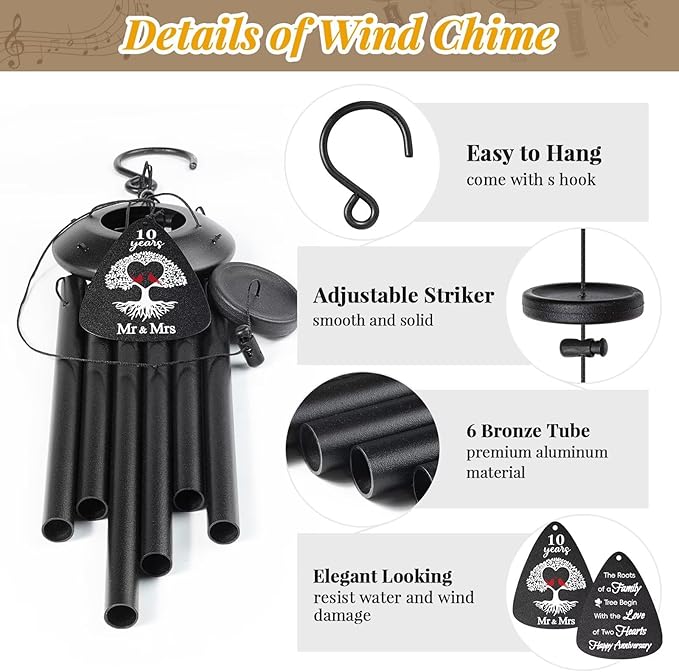 10th Anniversary Wind Chimes Gifts for Men Women,Romantic 10 Year Anniversary for Couples, Wife, Husband, Parents, Friends, 10th Wedding Gifts Idea of Happy Anniversaries Decorations,Black