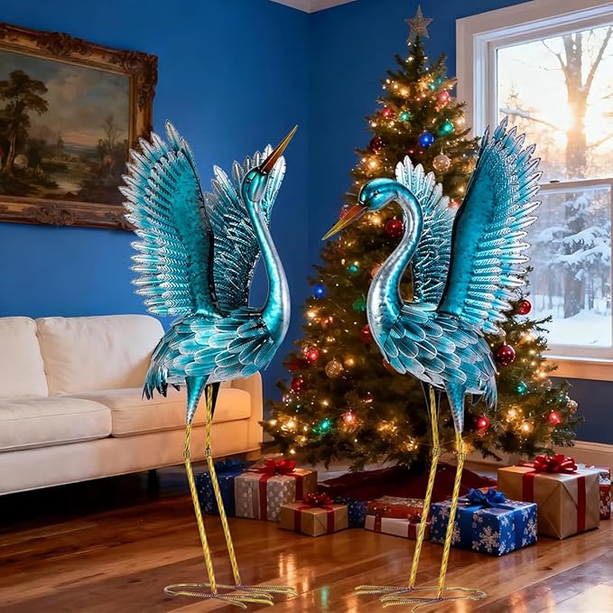 Natelf Garden Crane Statues for Outdoor, Blue Heron Decoy Courtyard Sculptures, Standing Metal Bird Yard Art for Patio Pond Backyard Decor(Set of 2)