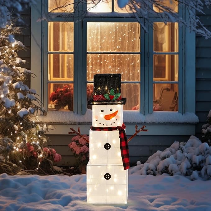 VINGLI 3FT Lighted Snowman Christmas Yard Decorations, Prelit Square Gift Box Snowman with 75 Warm White LED Lights & Stakes, Indoor Outdoor Xmas Lawn Garden Front Porch Patio Holiday Decor Display