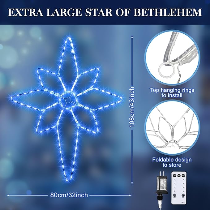 43"x32" Extra Large Christmas Bethlehem Star Shaped Lights Outdoor Window 125 LED Christmas Star Plug Operated Lights Nativity Holy with Timer and 8 Functions for Xmas Holiday Party Decor