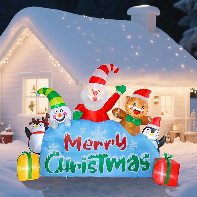 VCUTEKA Christmas Inflatables Outdoor Decorations, 8.6FT Blow Up Santa Claus, Penguins, Snowman, Gingerbread Man, Animated Christmas Inflatable Yard Decoration with LED Lights for Holiday Lawn Garden