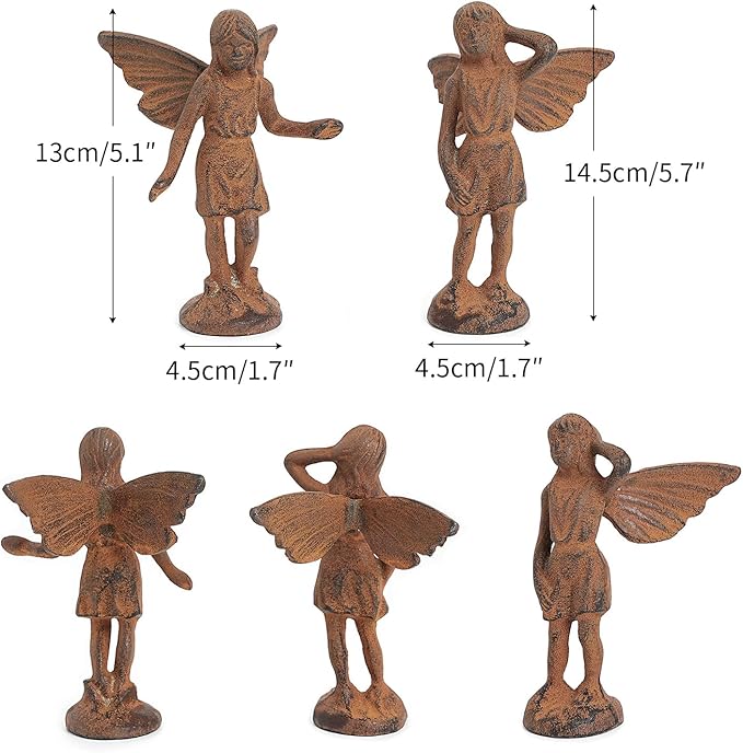 Sungmor Cast Iron Garden Angel Statue, Set of 2 Rustic Brown Fairy Figurines, Creative Angel Pixie Collection Home Office Desk Decor, Indoor Outdoor Fairy Garden Accent Ornament