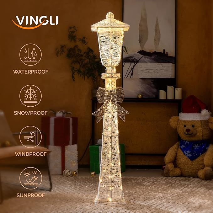 VINGLI 5FT Christmas Street Lamp Post, Lighted Street Light with Bow Outdoor Christmas Decorations, Light up Christmas Decor for Indoor Outdoor Porch Lawn Yard Garden, Snow White