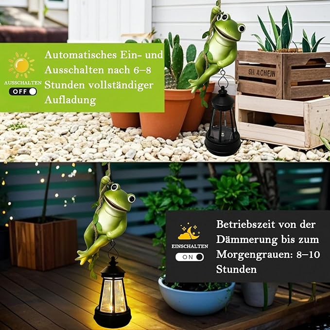 Solar Frogs Outdoor Garden Statues, Christmas Hanging Climbing Rope Frog on a Vine with Lantern Tree Hugger Figurine Lights for Outside Yard Art Sculptures Porch Balcony Wall Decor, Funny Gifts