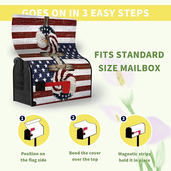 American Eagle Patriotic Mailbox Covers Magnetic Standard Size USA Flags Cross Mailbox Wraps 4th of July Mailbox Post Cover Independence Day Mailbox Decor Waterproof for Garden Yard 21x18 Inch