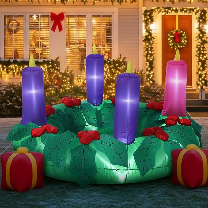 6ft Christmas Outdoor Large Inflatable Advent Wreath Blow up Decor with 4 Candles & LED Lights, Pre Filled Sandbags & Blower for Yard, Church, Lawn Decoration