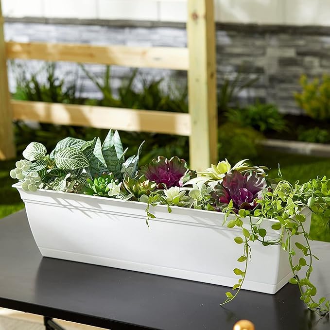 The HC Companies 24 Inch Eclipse Window Planter Box with Drainage Holes & Attached Saucer, Lightweight UV-Resistant Plastic Outdoor Planters, 2-Pack Flower Box for Garden & Home Decor, White