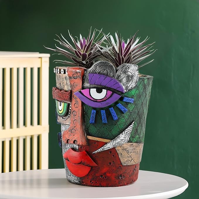 TOZLU Picasso Brutalist Beauty Face Flower Pot - Head Planter with Colorful Face Art - Resin & Flower (Stare Flower Pot)