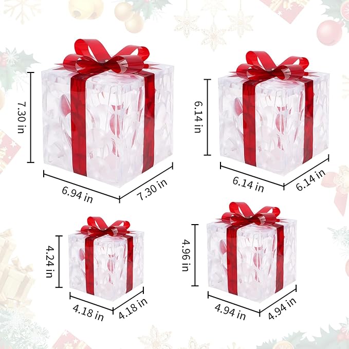 Christmas Lighted Gift Boxes, Pre-lit Lights Gift Boxes Set of 4, Light up Present Boxes Set Battery Operated with Different Sizes for Holiday Indoor Outdoor Decorations(Cool White)
