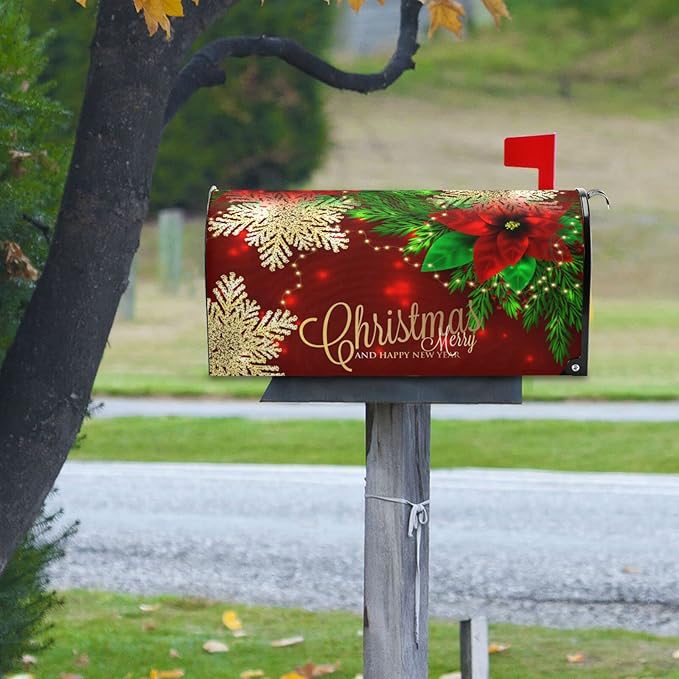 Christmas Poinsettia Flower Mailbox Cover Magnetic Mailboxes Wraps Letter Post Box Cover Decorative Standard Size 18x21 in Garden Yard Decor