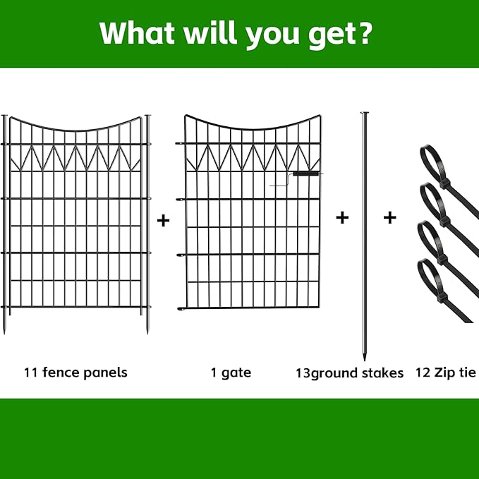 12 Panels No Dig Fence with gate, 40in(H)×27ft(L) Tall Decorative Fence Outdoor | Rustproof Metal Garden Fence Borders | Heavy Duty Reusable Defense Fence Panels for Yard, Patio, Black