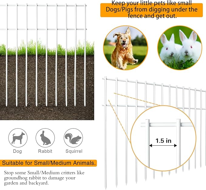 Adavin White Animal Barrier Fence, 15 Pack 24 in(L) X15 in(H) No Dig Underground Decorative Garden Fencing,Pet Dog Rabbits Fences Panel, 1.5 inch Spike Spacing, for Outdoor Yard Patio. Total 30 Ft(L)