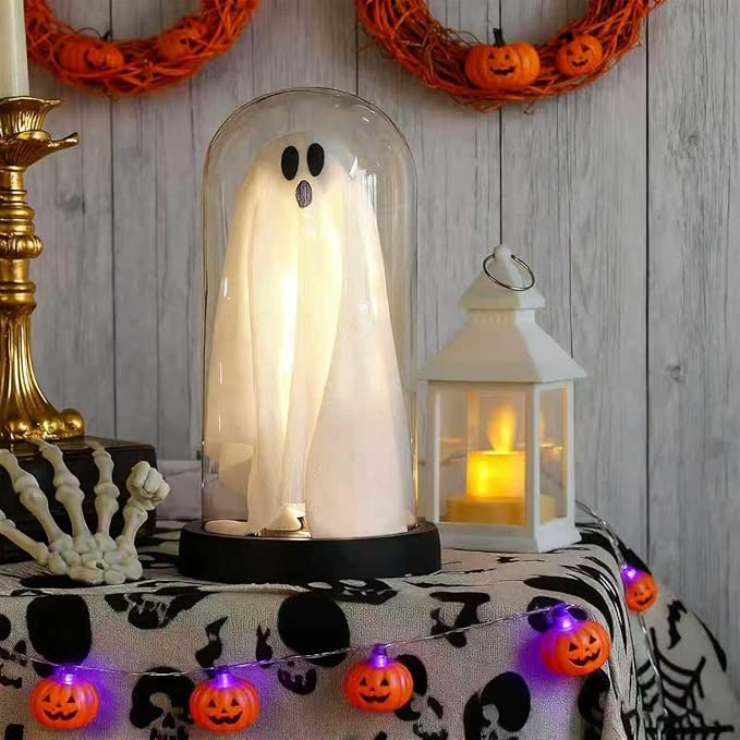 Halloween Decorations Indoor, Light Up Ghost in Transparent Dome Cloche, Cute Spooky Ghost Decor for Tabletop Mantel Display and Holiday Decorations