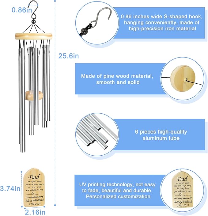 Memorial Wind Chimes for Loss of Father, VAPCUFF Sympathy Wind Chimes Dad, Loss of Dad Sympathy Gift, Bereavement Funeral Condolence Memorial Gifts for Loss of Father, in Memory of Dad Gifts
