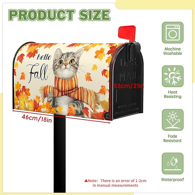 Hello Fall Mailbox Cover Cat Mail Box Covers Magnetic Standard Size 21x18 inch Maple Leaf Mailbox Wrap for Outside Garden Yard