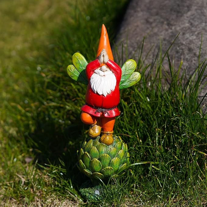 Topadorn Vegetable Garden Prayer Gnome on Green Plant, Hand-Painted Outdoor Statue for Yard & Patio, Idea