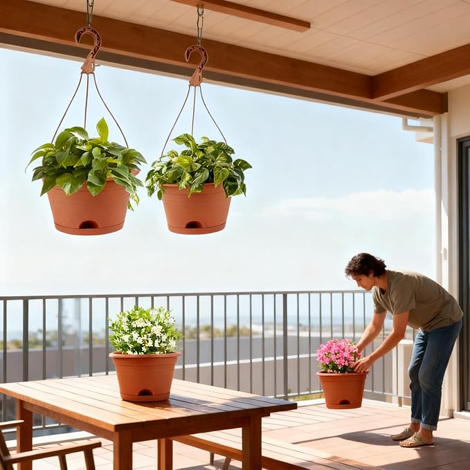 4 Pack Hanging Planters, 10 Inch Plant Pots with Hanger Chain & Drainage Trays, Hanging Baskets for Plants Outdoor Indoor, Flowers Pots for Home, Garden, Porch Decor (Brick Red)