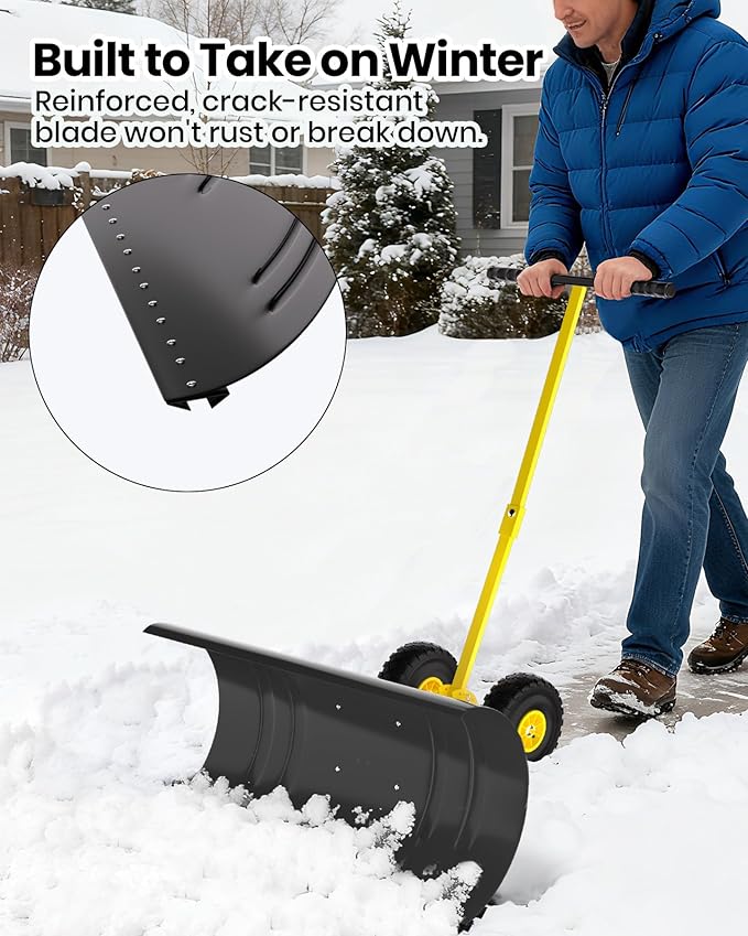 Snow Pusher with Wheels for Driveway, 29.5" Wide Heavy Duty Steel Blade, 5-Position Angle Adjustment & 60° Tilt Handle, Ergonomic Push Snow Shovel with Ground Protection for Effortless Snow Removal