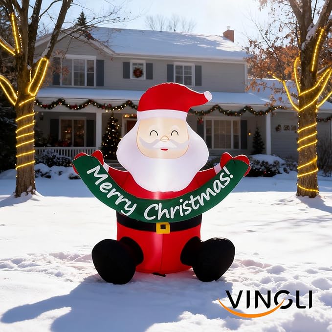 VINGLI 5.8ft Cute Santa Claus Inflatable, Inflatable Santa Holding Banner Christmas Blow ups Yard Decoration, Outdoor Inflatables with LED Lights for Outdoor, Lawn, Garden, Xmas Holiday Decor