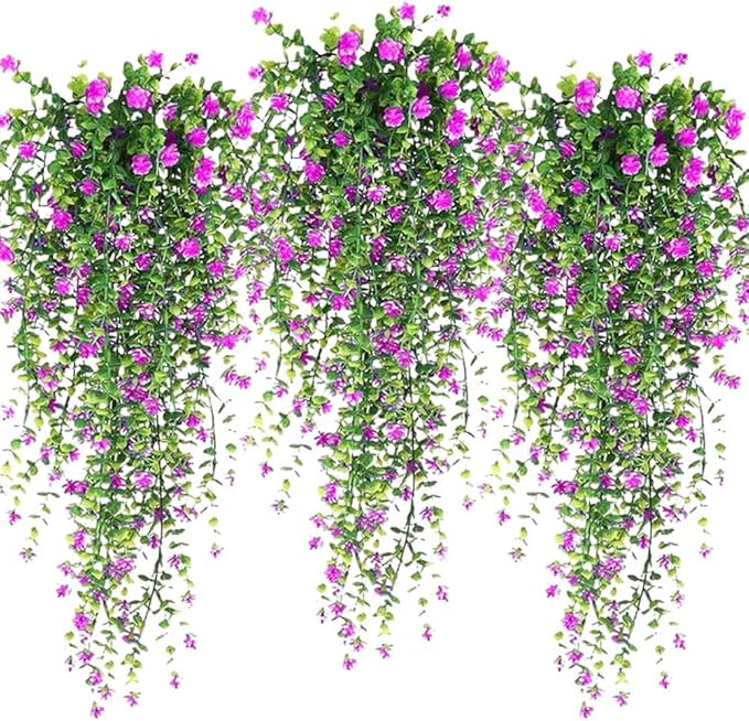 Artificial Hanging Flowers, 3 Pcs Fake Hanging Plants Decor, Artificial Vines for Outdoors, UV Resistant No Fade Artificial Plants Suitable for Indoor Decoration Outdoor Porch Courtyard (red lotus)