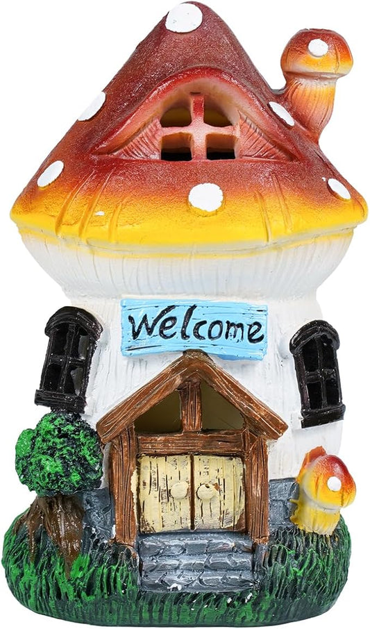 Garden Outdoor Figurines Statue with Solar Lights,Solar Mushroom House Decorations for Yard Outdoor Garden, Patio Yard Lawn, Gifts for Girls Birthday Housewarming Mother's Day (Mushroom House)