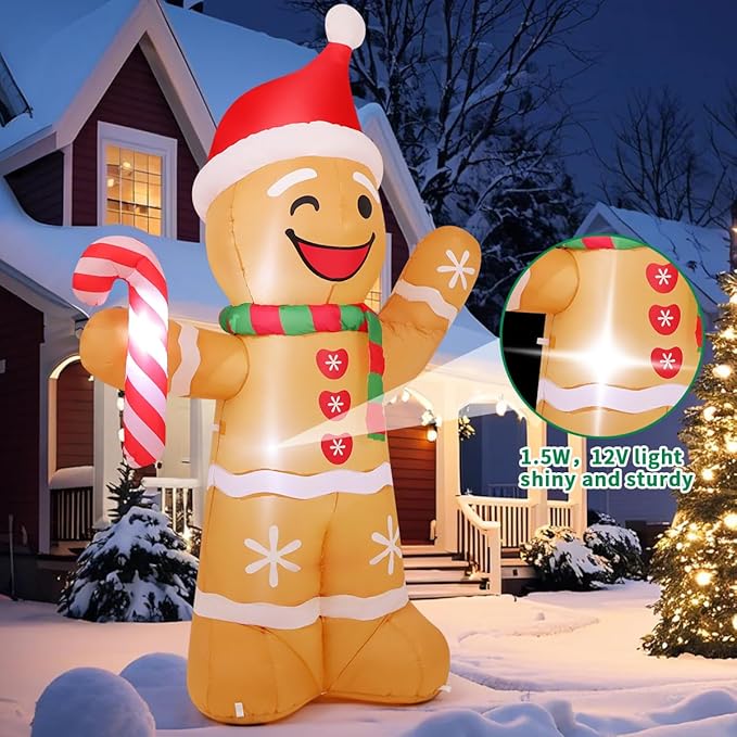 COMIN 7.8 FT Christmas Inflatables Outdoor Decorations Inflatable Gingerbread Man Wave Hands Blow Ups with Built-in LEDs for Yard Party Lawn Decor