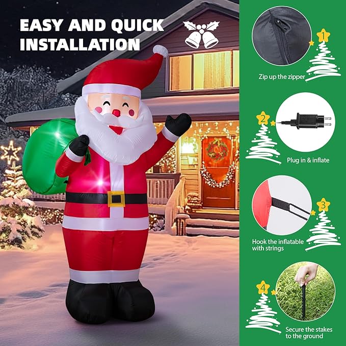 6FT Christmas Inflatable Santa Outdoor Decoration, Blow up Santa Claus Carrying Gift Sack Yard Decoration, Large Inflatable Santa Decor for Xmas Holiday Garden Lawn Patio