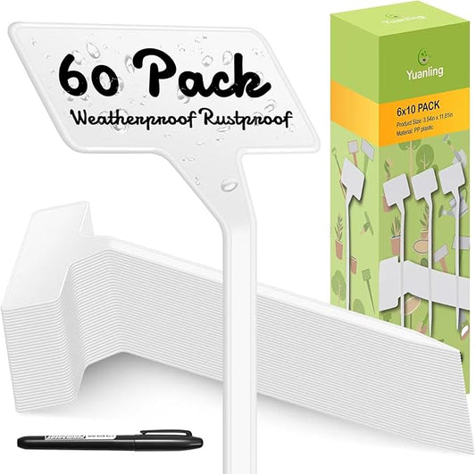 Plant Labels 60 Pcs Yuanling Large 11.8 Inch Plant Markers Signs Plastic Waterproof Garden Label Stakes T-Type Plant Garden Tags with Marker Pen for Flower Herb Pot Plant (White)
