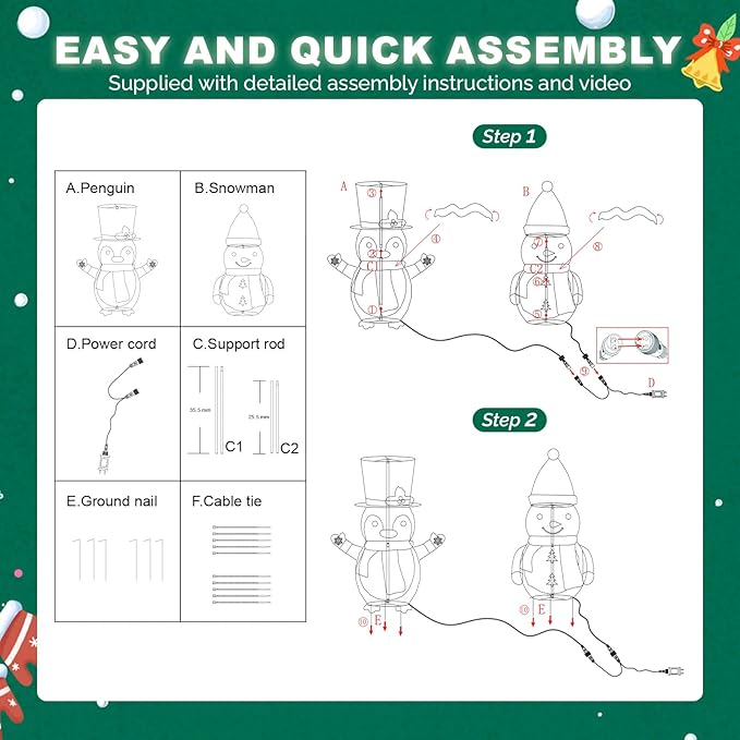 VINGLI 2 Pack 28 Inch Lighted Snowman Penguin Christmas Decorations, Prelit LED Outdoor Indoor Yard Lawn Garden Pathway Front Porch Home Holiday Winter Xmas Christmas Party Decor Display Set