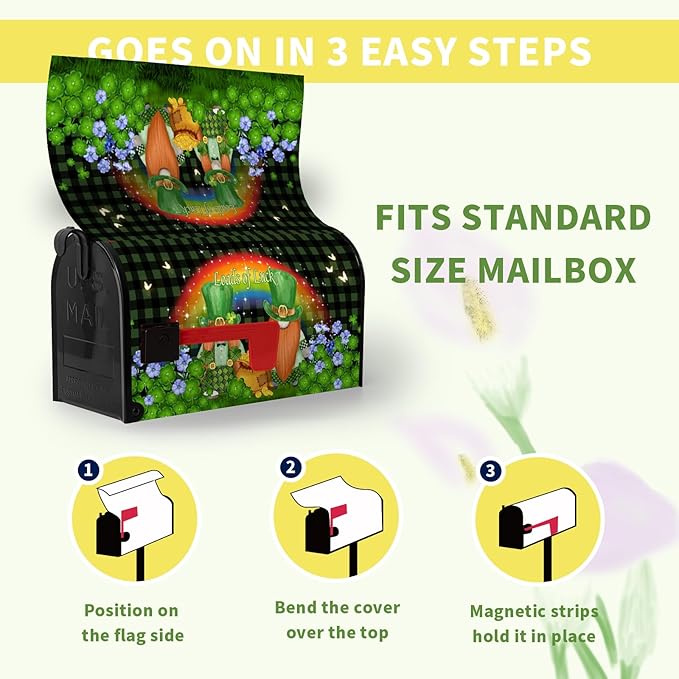 St. Patrick's Day Mailbox Cover Green Checkered Leprechauns Magnetic Mailbox Covers Gnomes Hat Shamrock Coin Clover Mailbox Wrap Rainbow Butterfly Loads of Luck Letter Post Box Cover