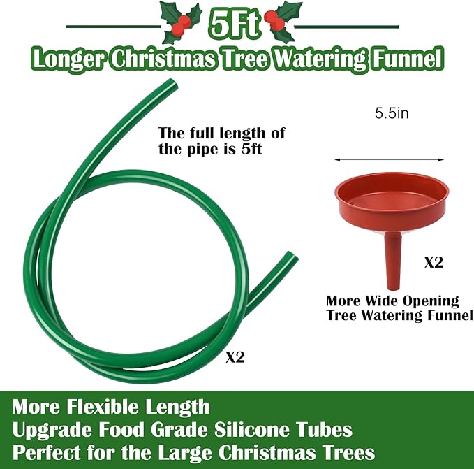 2 Sets Christmas Tree Watering Funnel,Christmas Tree Watering System 5.5" Dia Stainless Steel Watering Funnel with 5 Feet Hose Xmastree Watering Device Plant Watering Tool for Indoor Outdoor Xmas Tree