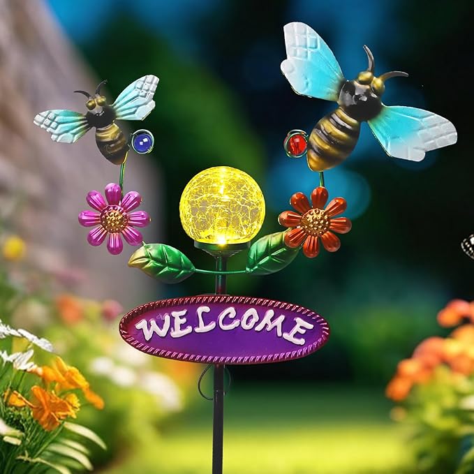 Solar Garden Stakes Metal Welcome Signs for Outside 31.1', 2 Flying Bees with Cracked Glass Ball,Decorative Garden Stakes for Lawn, Patio, Bee Gifts for Women