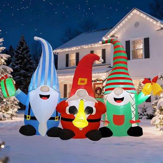 Christmas Decorations Inflatables Outdoor, 6FT Long 3 Gnomes with Gift Box, Trumpet and Bell, Cute Xmas Blow Up Built-in LED Lights Holiday Decor for Indoor Garden Yard Lawn