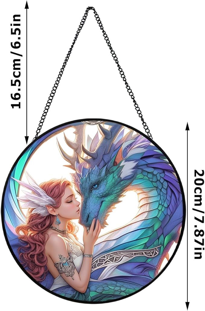 Dragon Fairy Stained Glass Window Hanging, 7.87" Fantasy Suncatcher for Windows with Chain, Fantasy Glass Sun Catcher Decor for Home Bedroom, Window Ornament Gifts for Women & Dragon Lovers