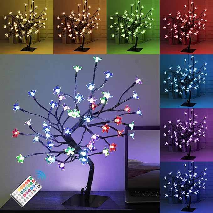 RGBW Cherry Blossom Tree Lights,LED Artificial Flower Bonsai Tree，16.2Inch Table Top Lamp 48 Multicolor Lights，Night Lights Lighted Artificial Twig Tree for Xmas Indoor Desktop Home Decor