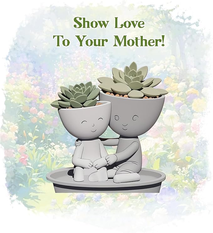 Mother and Child Flower Pot, 3.14" Flower Pot & 2.75" Small Succulent Pot, Mom Gifts from Son & Daughter, Indoor Small Planters Cute Cactus for Home Decor and Office Desk Decoration