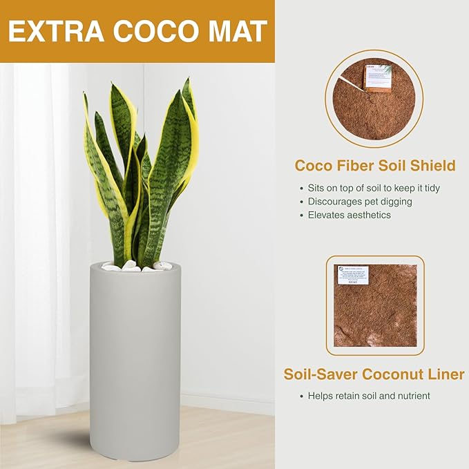 19.5"H x 9.8"D Tubo Fiberstone Cylinder Tall Planter, Christmas Tree Planter, Smooth Finish, Weather Resistant for Indoor & Outdoor Use, 2 Extra Coco Mats (Light Frech Gray,8.2" Pot Opening)