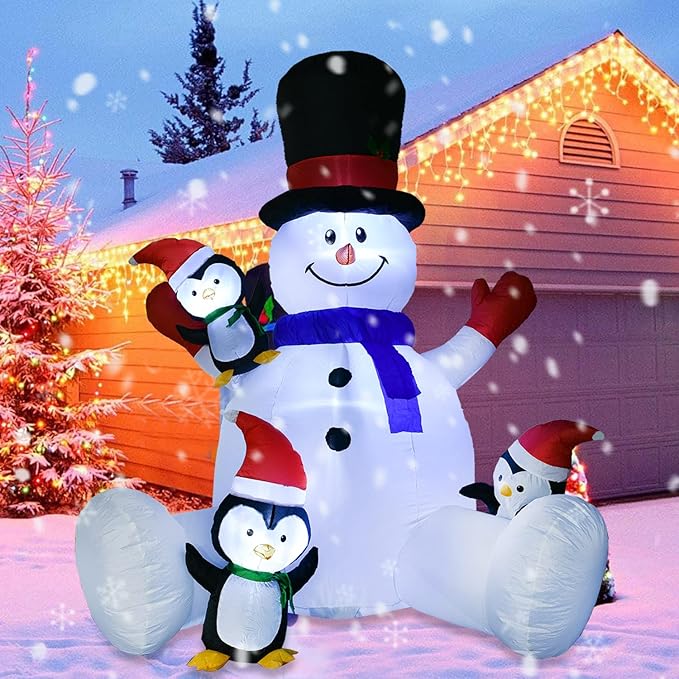 Lvydec Lighted Inflatable Snowman Christmas Outdoor Decoration - 8ft Blow Up Snowman with Built-in LED Lights and 3 Little Penguins for Christmas Holiday Yard Decoration