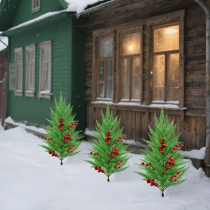 Green Pine Christmas Tree Stake Realistic Decorative Berry Artificial Plants Garden Stakes with Ground Spike (Green 2, One Size)
